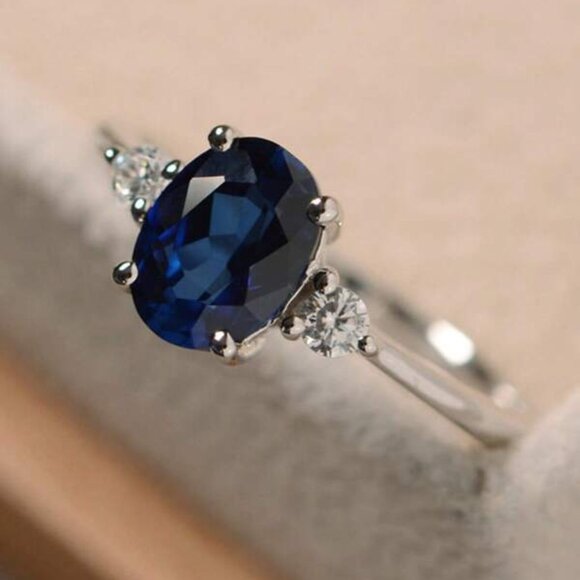 Sterling Silver 925 Oval Blue Sapphire Ring - Picture 3 of 5